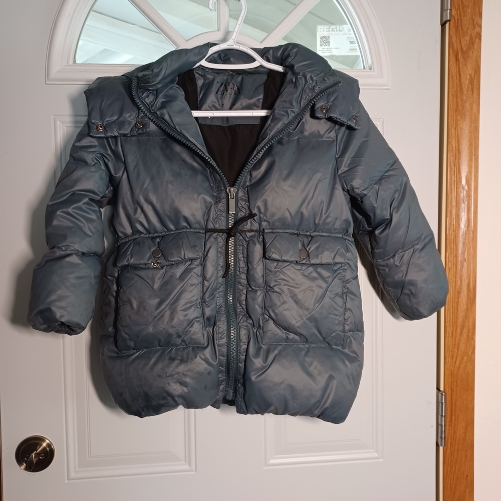 Zara Kids 7 Puffer Coat 70% Down 30%Feather Snap Hood Adj Waist Elastic Cuff Hem